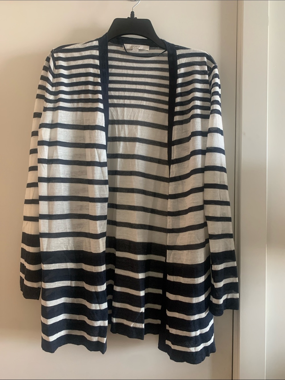 LOFT Navy & White Striped Open-Front Cardigan